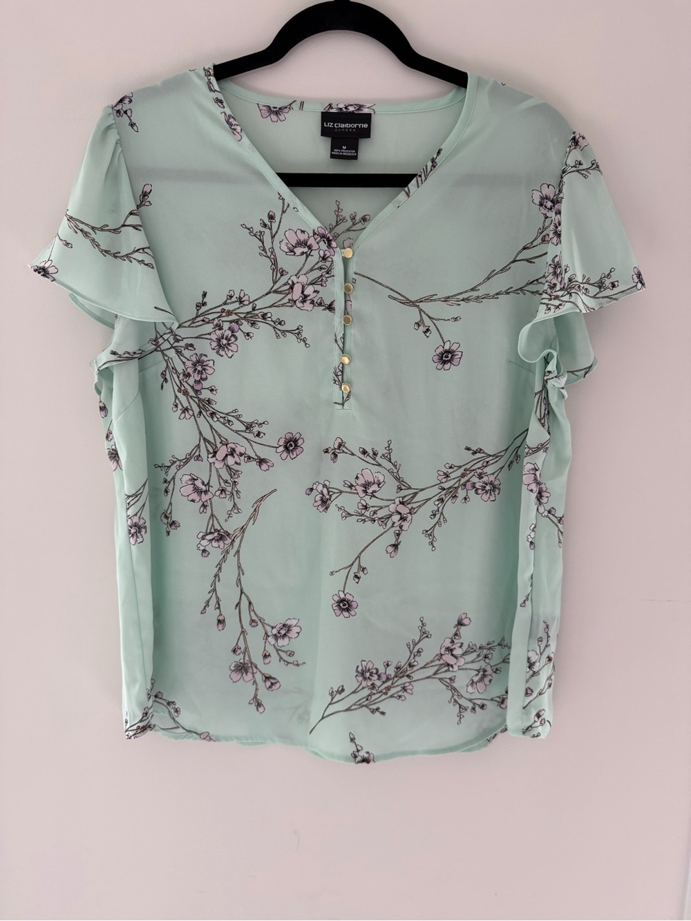 Liz Claiborne Mint Green Floral V-Neck Ruffle Sleeve Top